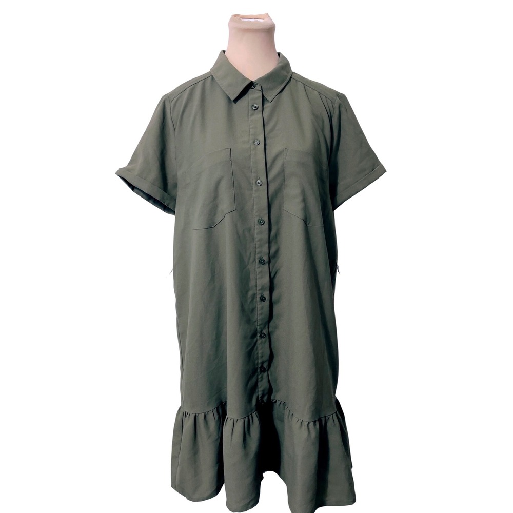 The Limited Women Green Ruffle Hem Button Down Shirt Dress XL Olive Short Sleeve